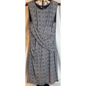Knee-Length Sleeveless Ruched Dress Navy & White Faux Wrap Womens 14